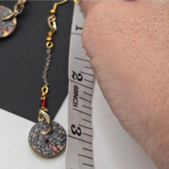 "5/$25" Handmade Mismatched Wood Floral Button Mixed Metal Dangle Earrings - Picture 5 of 6